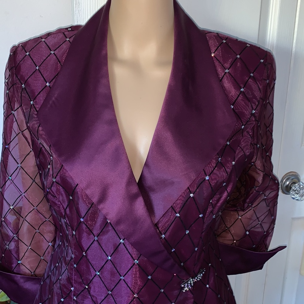 Vintage 80s sparkling sheer organza purple satin wrap blazer jacket M L - Picture 2 of 16